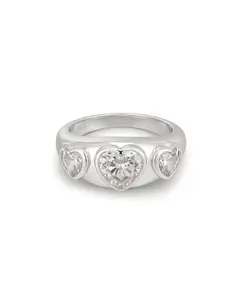 Luv Aj Bezel Heart Signet Multi Stone Ring in Rhodium Plated in Clear CZ Size 6