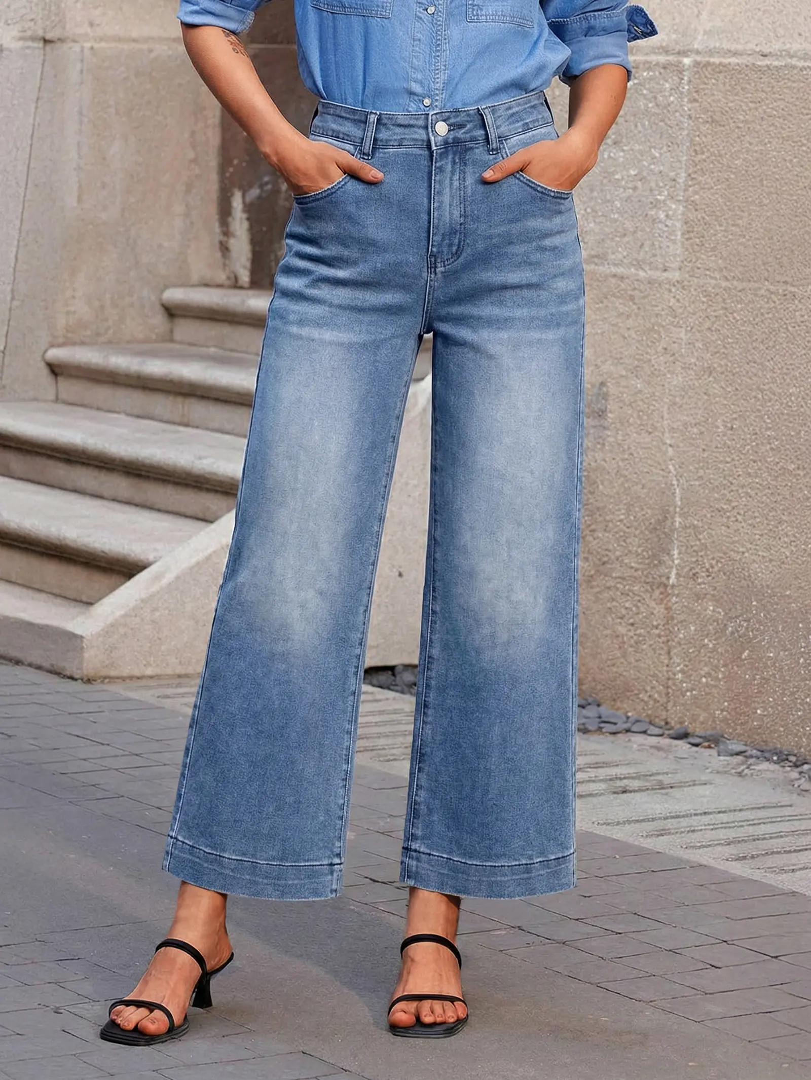 EMMIOL Women's 2026 Wide Leg Jeans Distress High Waist Stretchy Denim Pants Y2K Trousers Clothing