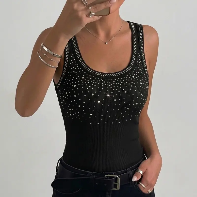 CHICME Women's Rhinestone Decor U-Neck Sleeveless Slim Fit Ribbed Tank Top