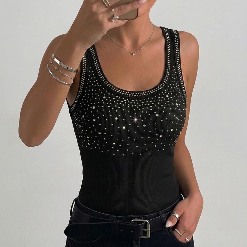 CHICME Women's Rhinestone Decor U-Neck Sleeveless Slim Fit Ribbed Tank Top