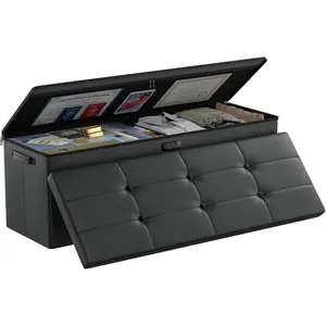 Storage Ottoman Bench,Fireproof& Folding Bench with Lock(15"x 43"x15"),Leather Storage Chest with Handles&2 Extra Boxes,Ottoman Safe for Bedroom,Living Room,Home Office,Black