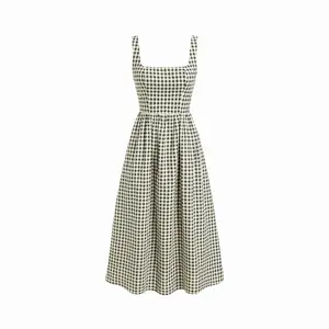 Cider Cotton-blend Square Neck Gingham A-line Maxi Dress