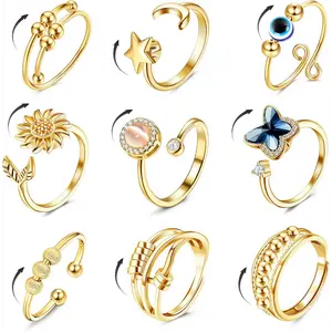 Trendy Adjustable  9 Pcs Fidget Anxiety Rings for Women Men Spinner Rings for Anxiety Relieving Stress Open CZ Flower Moon Star Anti Rotatable Rings