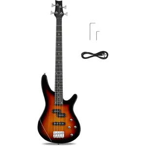 Full Size 4-String Electric Bass Guitar Kit for Beginners - Right-Handed with Maple Neck & Rosewood Fingerboard, Fixed Bridge System, USB-Powered (No Batteries/Electrical Outlet Required) - Ideal for Practice & Live Performances - Orange Red/White/Black
