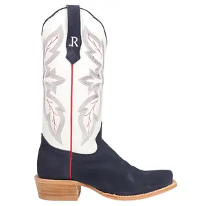 R. Watson Boots Womens Midnight Blue Rough Out Embroidered Square Toe  Casual Boots Mid Calf Mid Heel 2-3" - Blue, White