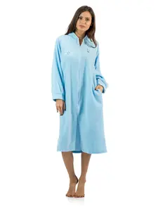 Casual Nights Women's Flower-Style Long Sleeve Smooth Fleece Bathrobe, Zip-Up Front Loungewear House Dress with Zipper