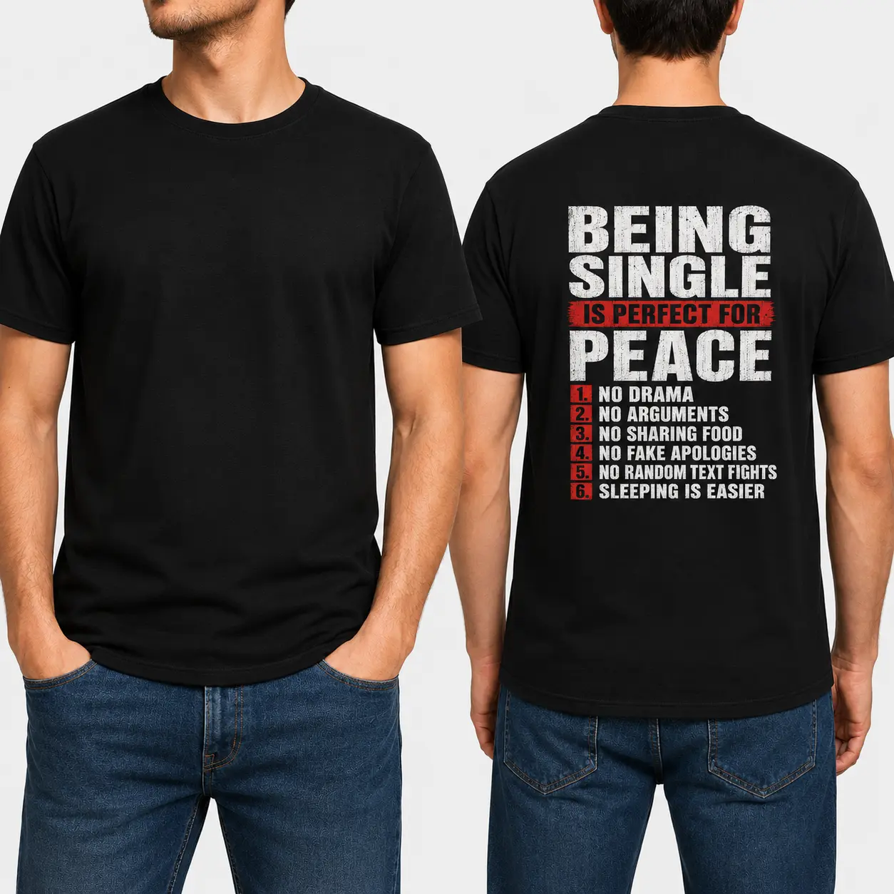 Men's Casual Short-Sleeve Distressed Print T-Shirt - "Being Single Is Perfect For Peace" Funny Anti-Drama Tops, Foldable Valentines Day Gift for Men, Shortsleeve, Graphic Tee, All Seasons, Round Neck, Cotton, New Year, Retro, Graphic Print