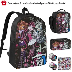 3pcs Monster high Backpack Set for Girls & Boys Monster high doll Laptop School Bag with Insulated Lunch Bag & Pencil Pouch Popular Monster high dolls Daypack for Teens, Students & Office Workers