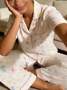 Women's Short Sleeve Long Pants Cardigan Pajama Sleepwear Set, Multicolor Floral All over Print, Casual Slim Fit Home Wear Loungewear, Two-Piece