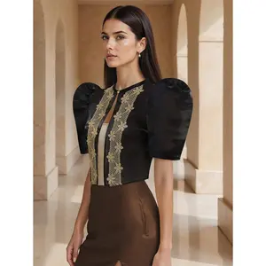 Amyenjoylife Modern Filipiniana 1PC Women's Fashion Transparent Lace Splicing Design Sense Elegant Style Top, Button-Up Blouse Spring And Summer Bolero Filipiniana For Women