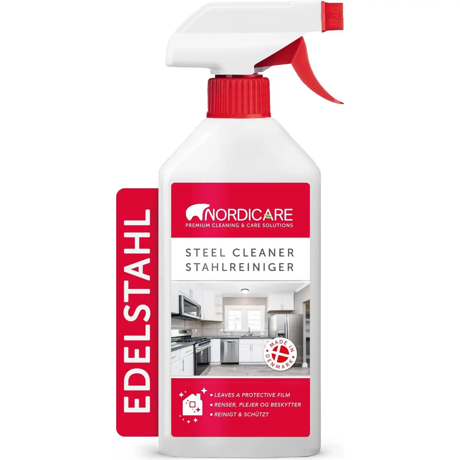 Stainless Steel All-Purpose Cleaner Spray - 16.9 fl oz Danish-Made Home Supplies, Family-Safe Kitchen Cleaner for Fridges, Stove - Streak-Free, Fingerprint-Proof, Removes Water Marks, Residue, Grease, Simple to Use, Leaves Behind a Brilliant Finish