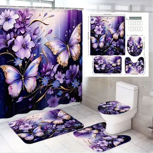 1/4pcs Elegant Purple Butterfly & Flower Bathroom Set - Shower Curtain, Bath Mat, Toilet Seat Cover - Whimsical Spring/Summer Decor for Bedroom/Guest Bath, Coordinated Floral Pattern with Blue & Gold Accents