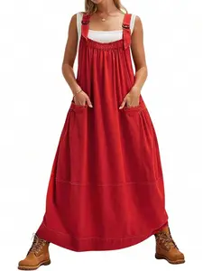 Women's Barrel Midi Dress Loose Adjutable Strap Big Pockets Maxi Dress Overall Jumpsuits