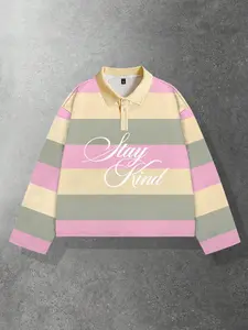 Pink striped Polo shirt men's long sleeved T-shirt unisex lapel long sleeved shirt spring and autumn striped print POLO long sleeved Stay Kind long sleeved T-shirt casual top fashionable classic stripes