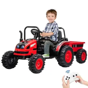 【GARVEE】12V Electric Ride-On Tractor with Trailer, Remote Control, Music, LED Lights, and Rear Wheel Suspension - Battery Powered Toy Vehicle Available in Red, Yellow, Blue, Pink, and Green