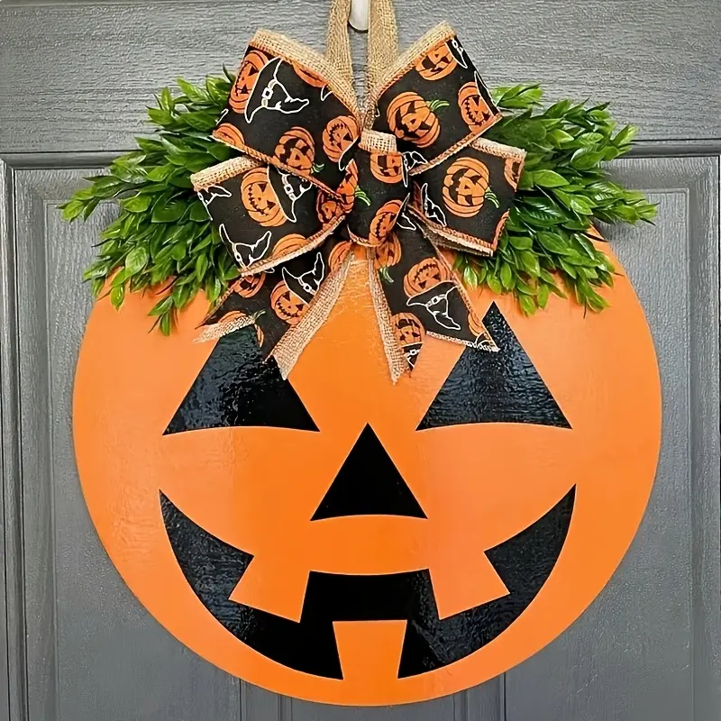 Halloween Pumpkin Door Hanger | Smiley Face Wooden Pumpkin Sign | Fall Front Porch Decor | Halloween Wreath Ornament | Seasonal Wall Decor | Halloween Housewarming Gift