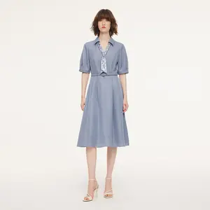 Acetate Tencel Linen Blend Women Midi Dress With Silk Scarf And Belt