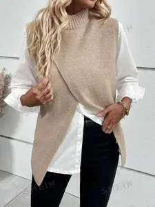 Women's Fashion Irregular Asymmetrical Layered Knit Vest Fitted, Half High Neck Sleeveless Design, Casual Basic Spring Fall Commuter Top, Daily Wear