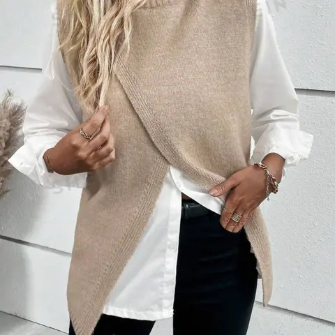 Women's Fashion Irregular Asymmetrical Layered Knit Vest Fitted, Half High Neck Sleeveless Design, Casual Basic Everyday Spring Fall Commuter Top, Daily Wear Womenswear Knitted Vest Top