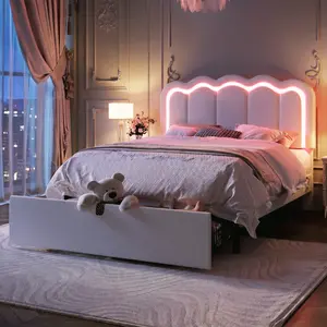 HOOMIC Twin/Full/Queen Size Velvet Platform Bed Frame with LED Lights, Large Storage Drawer, and Adjustable Wavy Headboard – Noise-Free, No Box Spring Needed, Soft White/Pink/Black/White#mothersdaygift