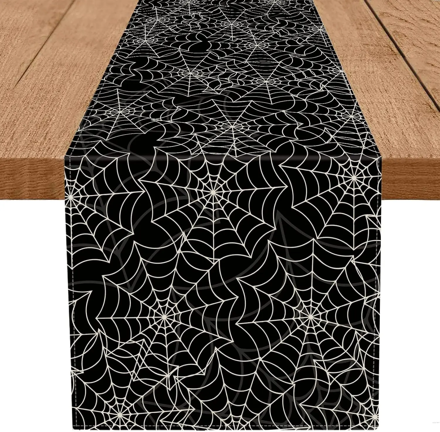 Halloween Table Runner Spider Web Black Linen Table Runners for Seasonal Holidays Indoor Outdoor Kitchen Dining Party  Decor 13 x 72 Inch