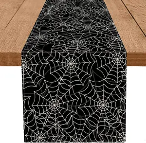 Halloween Table Runner Spider Web Black Linen Table Runners for Seasonal Holidays Indoor Outdoor Kitchen Dining Party  Decor 13 x 72 Inch