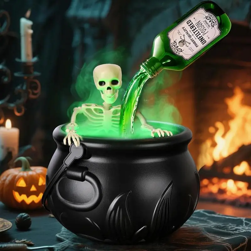 Halloween Decorations Indoor - CauldronSet with Floating Potion Bottles, Skeleton & MistMaker Diffuser - Black Plastic Witches CauldronBowl for Spooky Vintage Home Kitchen TableMantel Party Decor