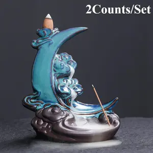Moon Shaped Ceramic Incense Burner, 2 Counts/set Backflow Feature Incense Stick Holder, Home Fragrance Holder for Living Room Bedroom Office Decor