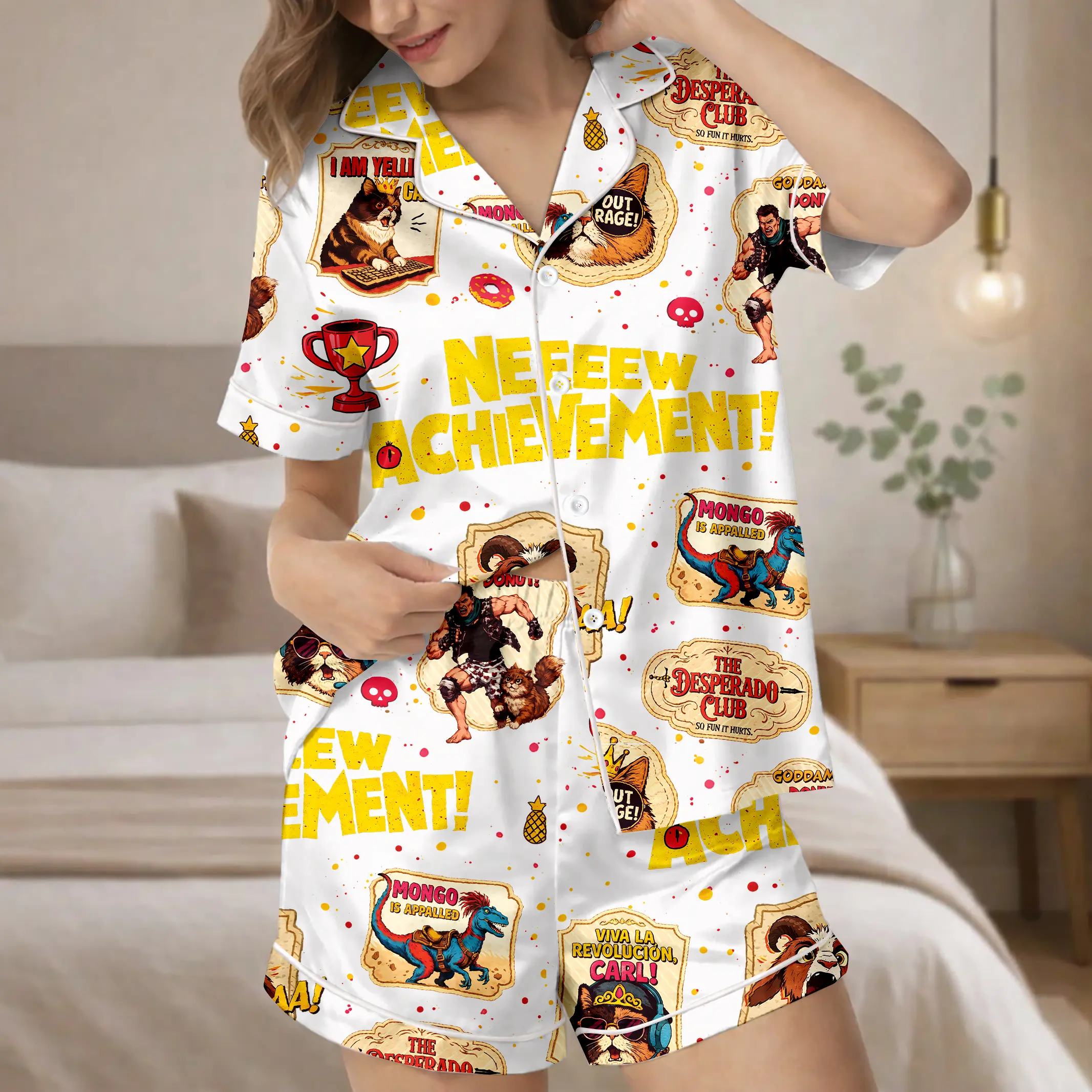 New Achievement Pajamas Set, Princess Donuts And Mongo Satin Pajamas Set, Dungeon Crawler Carl Pajamas Set, Gamer Sleepwear, Mongo Satin Pajamas, Bookish Gift