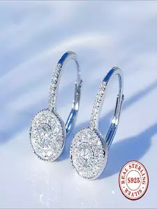 925 Sterling Silver Halo Cubic Zirconia Hoop Earrings, Hypoallergenic Round Pave CZ Dangle Drop Leverback Earrings, Sparkling Statement Earrings for Women, Ideal Jewelry Gift for Daily & Special Occasions