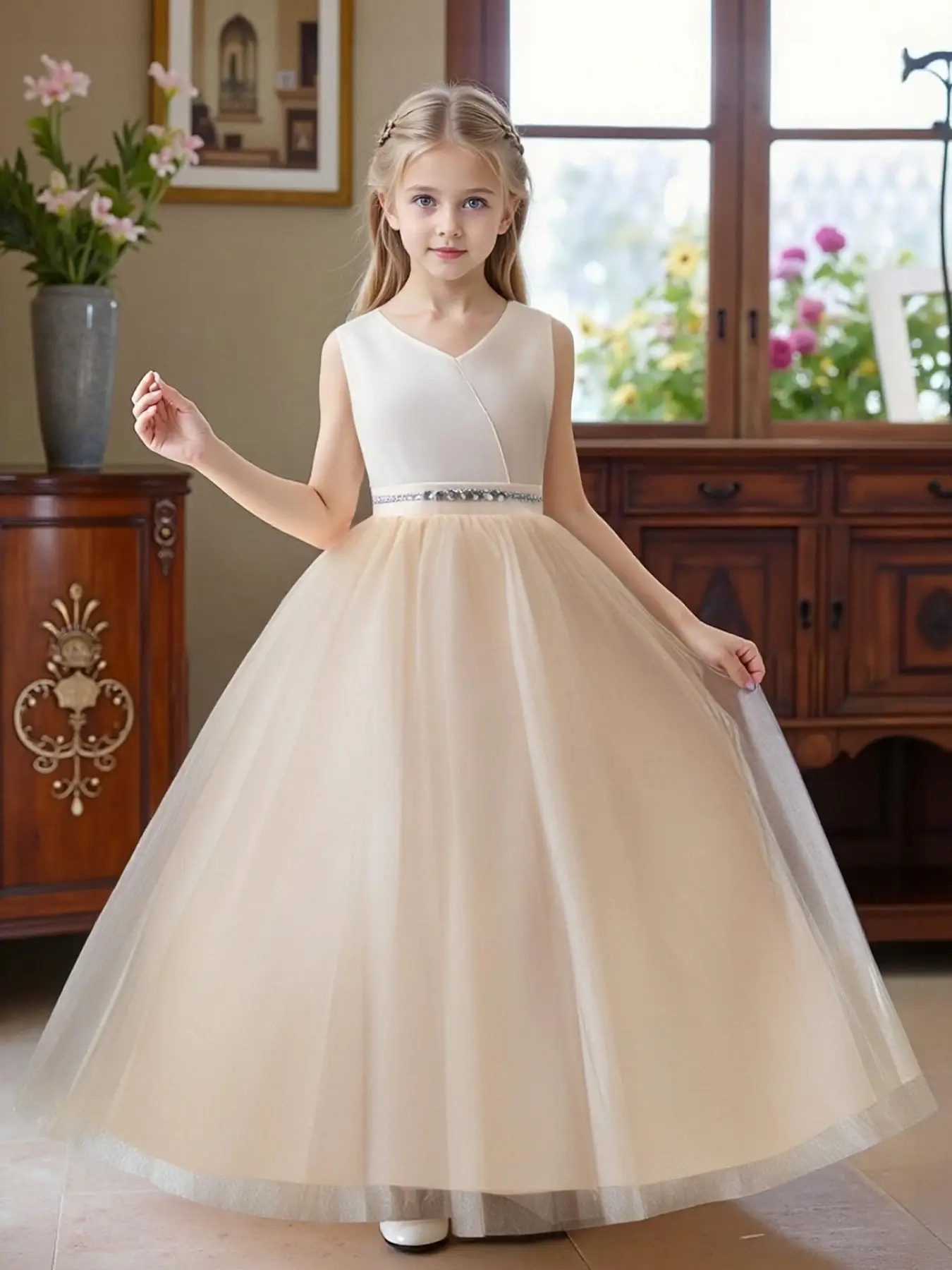 Girl's Rhinestone Decor Big Bow Satin Fit & Flare Tulle Dress, Elegant Sleeveless Round Neck Contrast Mesh Dress for Party Performance Wedding Guest,