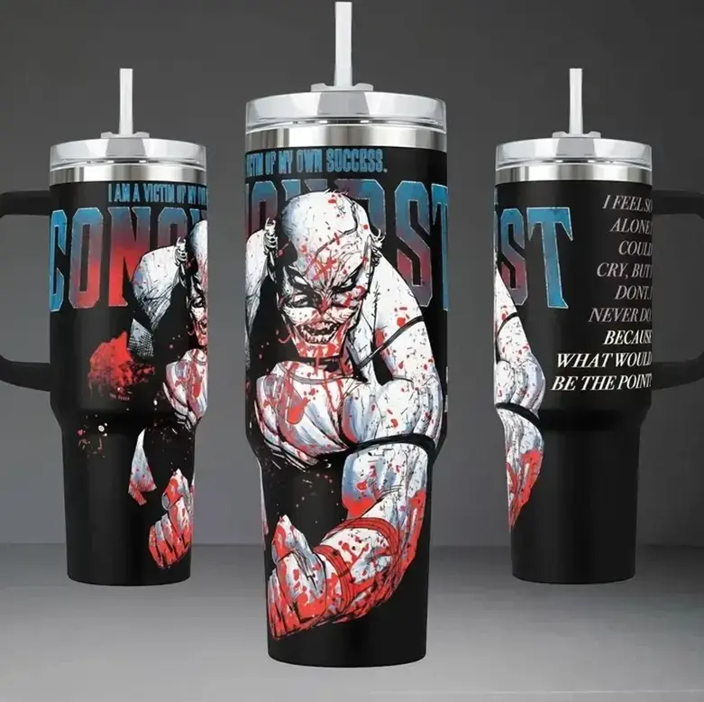 [Gift Box & Straw] Superhero Viltrumite Style Invincible Conquest Tumbler 40oz With Handle, Stainless Steel Insulated Travel Cup, Powerful Character Artwork Drinkware Gift For Comic Fans