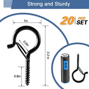 20-pack Q-hooks with safety clips, windproof screw hooks, suitable for hanging outdoor string lights, plants, Christmas patio lights, 2.2 inches, black.
