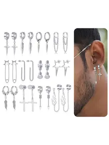 12 Pairs Stainless Steel Classic Dangle Earrings for Men Punk Gothic Long Chain Piercing Drop Earring Set Hinged Hoop Huggies Earring Jewelry Gift Silver Tone Flat Pierced Jewelry