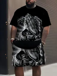 Plus Size Religious Black and White Set: Prayer Hands and Rosary Pattern Short Sleeve Shorts Trendy Combo, PLUS SIZE