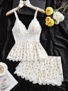 Women's Pajama Set Lace V Neck Camisole Lingerie Nightwear Floral Print Ruffled Hem Comfortable Stylish Sleepwear