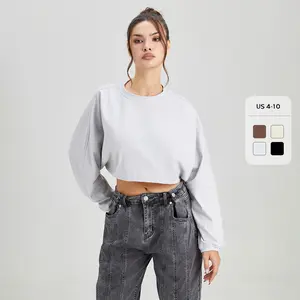 Women's Casual Solid Color Round Neck Long Sleeve Crop Top, Vintage Crew Neck Loose Sweatshirt for Spring & Fall, Batwing Sleeve Street Womenswear (CN)