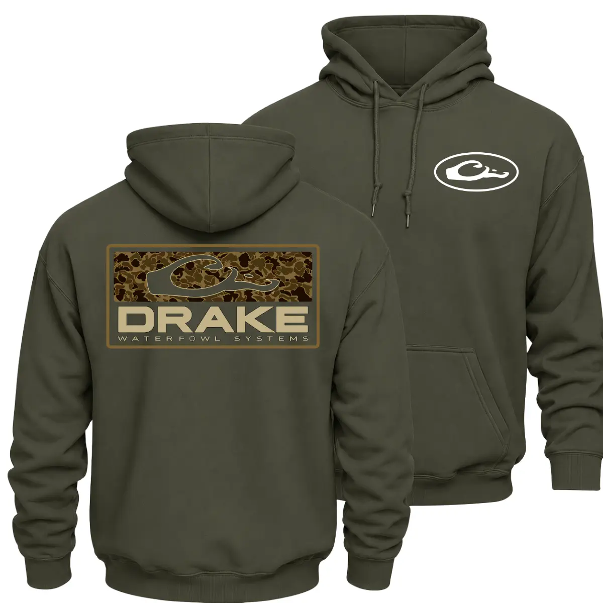 Drake Waterfowl Systems Duck Hunting Hoodie, Camo Logo Graphic Pullover, Front Chest Logo and Large Back Print Waterfowl Hunter Hoodie, Classic Outdoor Sportsman Apparel, Duck Hunting Gift for Men and Women