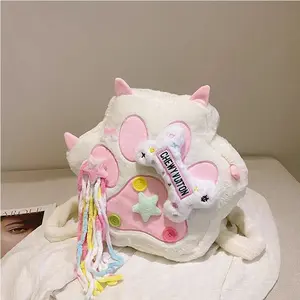 Autumn and winter sweet and cute cartoon Y2K plush cat paw bone backpack for girls, large capacity daily commuter bag, birthday gift