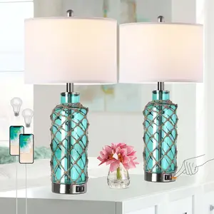 Cottage Nautical Accent Table Lamp Set of 2, Touch Control Coastal Blue Green Glass Rope Net Bedside Lamp with 2 USB Ports, 3-Way Dimmable Nightstand Lamps with White Shade for Living Room, Bedroom
