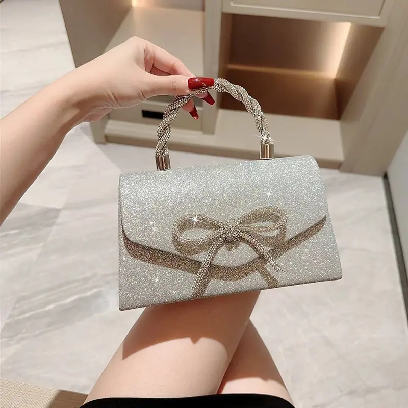 Women's Sparkly Bow Clutch Purse - Elegant Stylish Purse, Synthetic Glitter Rhinestone Design, Plain Magnetic Closure Evening Bag in Gold, Silver for Wedding, Cocktail Events