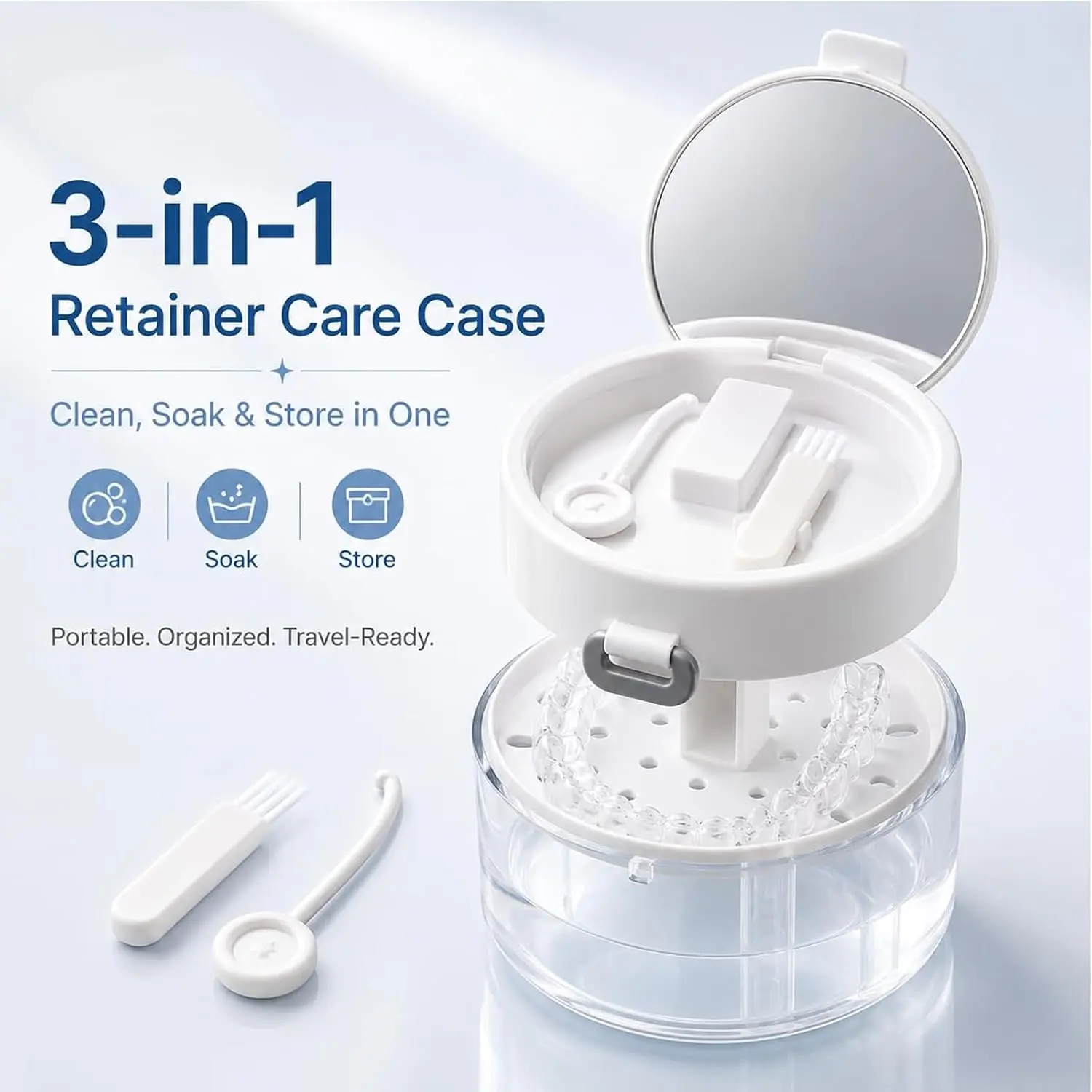 3-in-1 Retainer Care Case with Mirror, Removable Drain Basket, Portable Aligner Storage Box for Invisalign, Dentures, Mouth Guard, Travel Orthodontic Container with Cleaning Tools