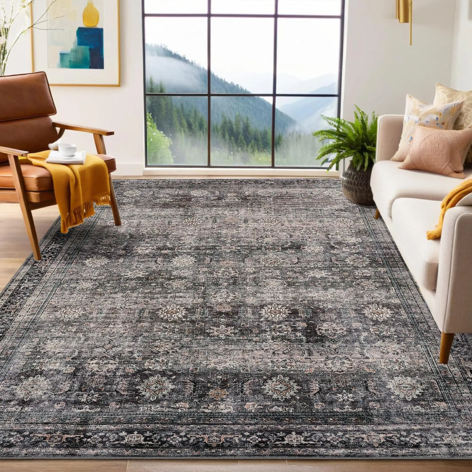 Washable Non Slip Runner Rug with Floral Pattern, Low Pile Stain Resistant Carpet for Hallway Kitchen Laundry Bedroom