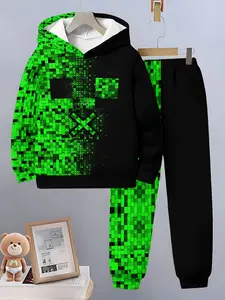 Pixel Hoodie Sweatshirt Set, Quick-Dry Gaming Casual Two-Piece Set, Fitted Style, Random Print, All Seasons
