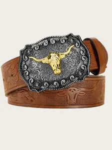 Western Cowboy Leather Belt, Trendy Vintage Punk Embossed Waistband, Unisex Youth Fashion Accessory, Large Buckle Design Western Belts, Western Belt Buckles