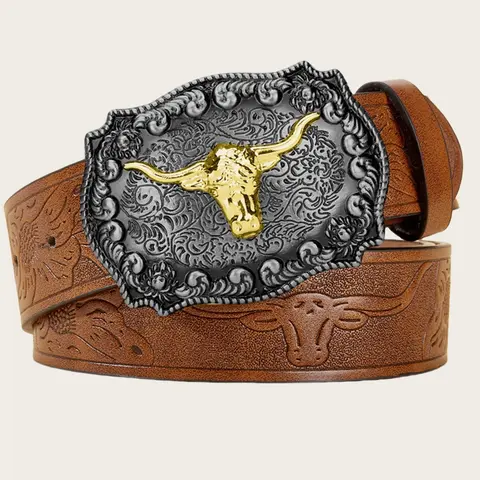 Western Cowboy Leather Belt, Trendy Vintage Punk Embossed Waistband, Unisex Youth Fashion Accessory, Large Buckle Design Western Belts, Western Belt Buckles, Punk Style Belt, Belt With Buckle
