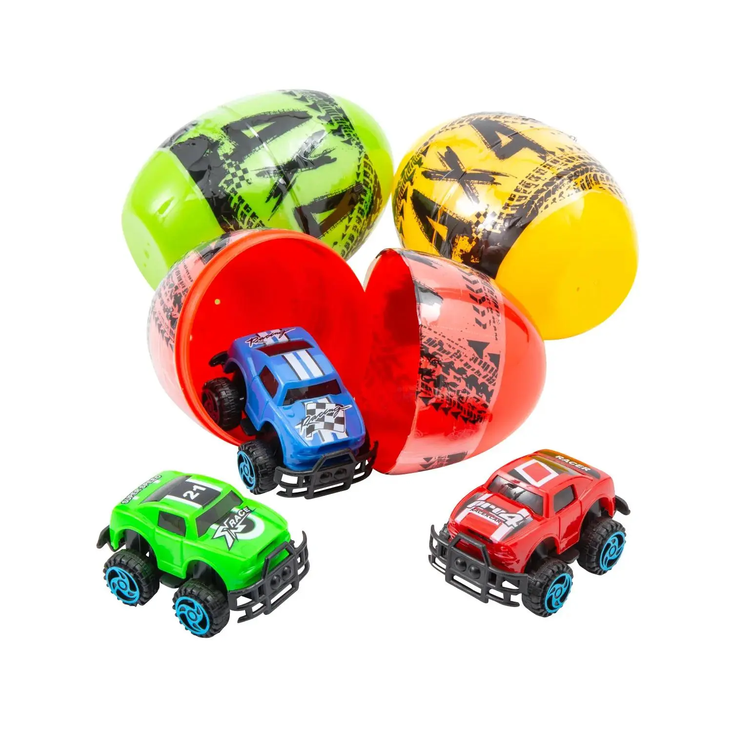 4" Surprise Easter Eggs with Pull Back Toy Trucks - 12 Pcs Festive Party Supplies for Easter Egg Hunt (Each Contains 2" Truck)