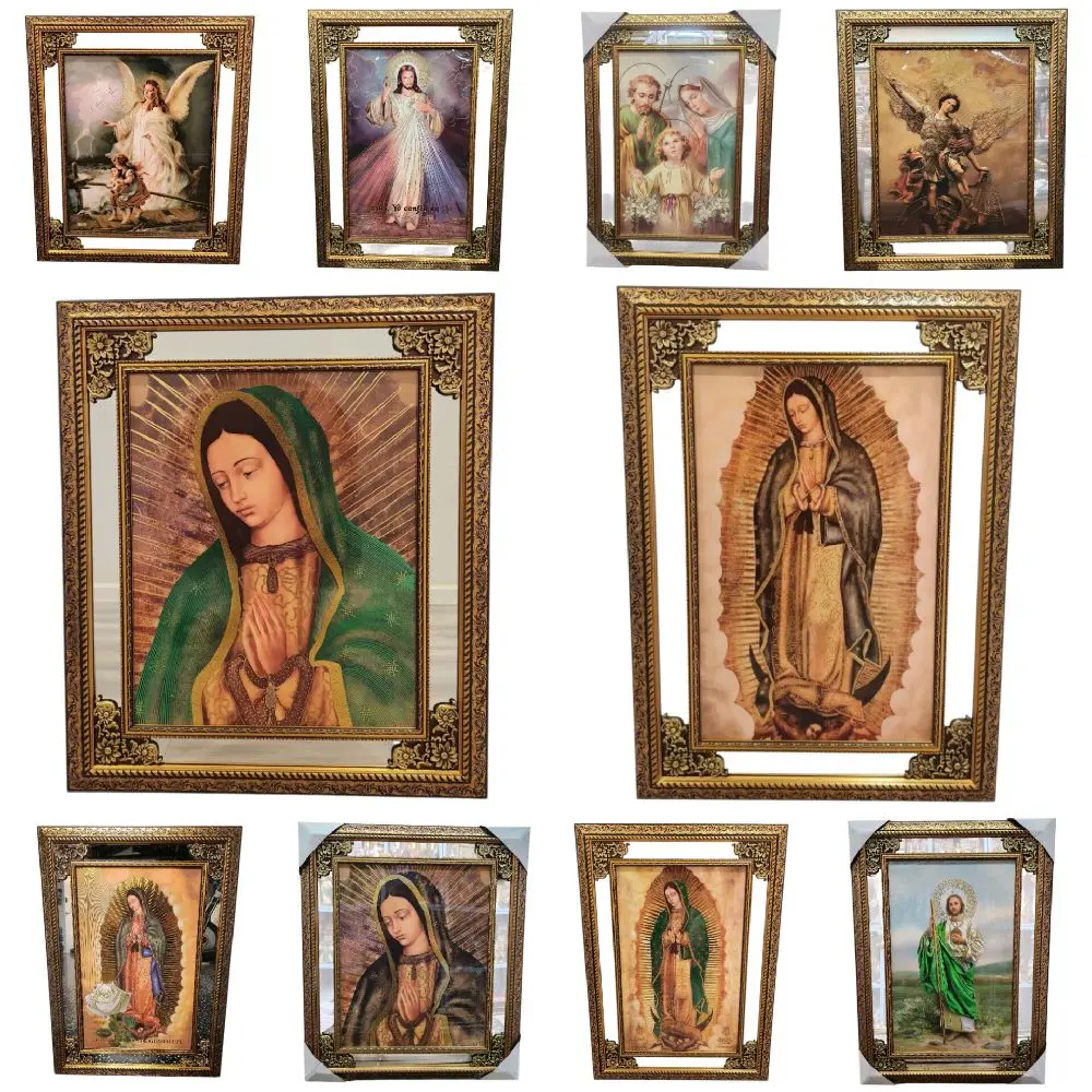 Virgen De Guadalupe 22"widex30"tall Mediano Gold-Tone Mirrored Frame Thin Light Weight Full Body half Body, or La Rosa Our Lady Of Guadalupe Marco Delgado Imagen Image Cuadro San Judas Mary Virgen Maria San Miguel Arcangel Divina Misericordia Ultima Cena