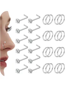 28pcs Nose Jewellery - Gold & Silver Nose Stud, Nose Ring, Nose Hoop - L Shape & Hoop - 18G, 20G, 22G - Surgical Steel - Perfect for Women & Men