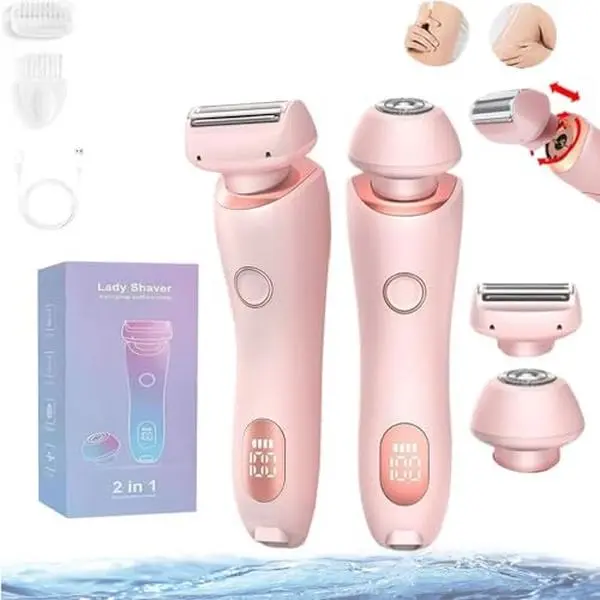 2-in-1 Electric Shaver for Women, IPX7 Waterproof Wet & Dry Lady Razor, Painless Hair Remover for Face, Legs, Armpits & Bikini Line, Cordless Rechargeable Body Trimmer